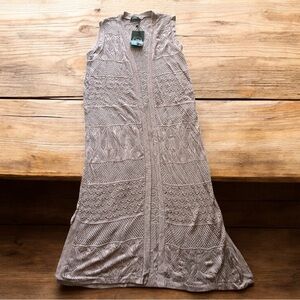 Miss Paris Open Knit Long Sleeveless Duster Cardigan OSFM Beige Crochet Vest